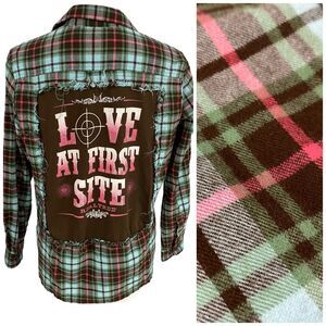 Upcycled Flannel Shirt Womens Large Shacket Hunting Green Country Grunge Camp